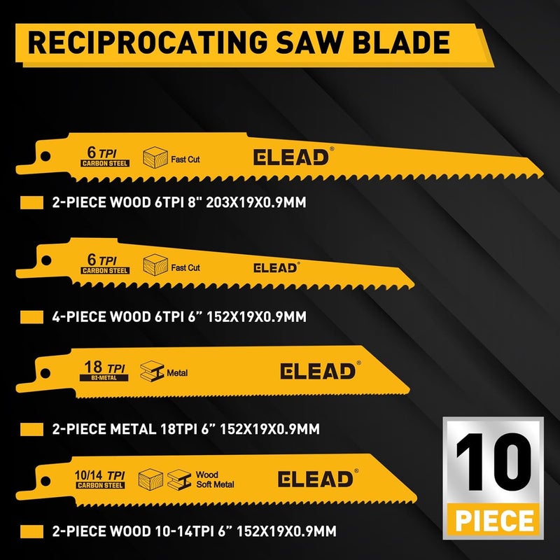 ELEAD 10-Piece Bi-Metal Reciprocating Saw Blade Set, Premium 6 & 8 Inch Wood & Metal Cutting Saw Blades with Storage Box - Image 2